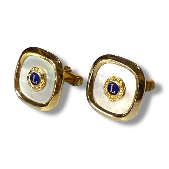 VTG Anson Cufflinks Mens 10kt Gold Plate Mother of Pearl Lions Club Acid Tested - Picture 1 of 8